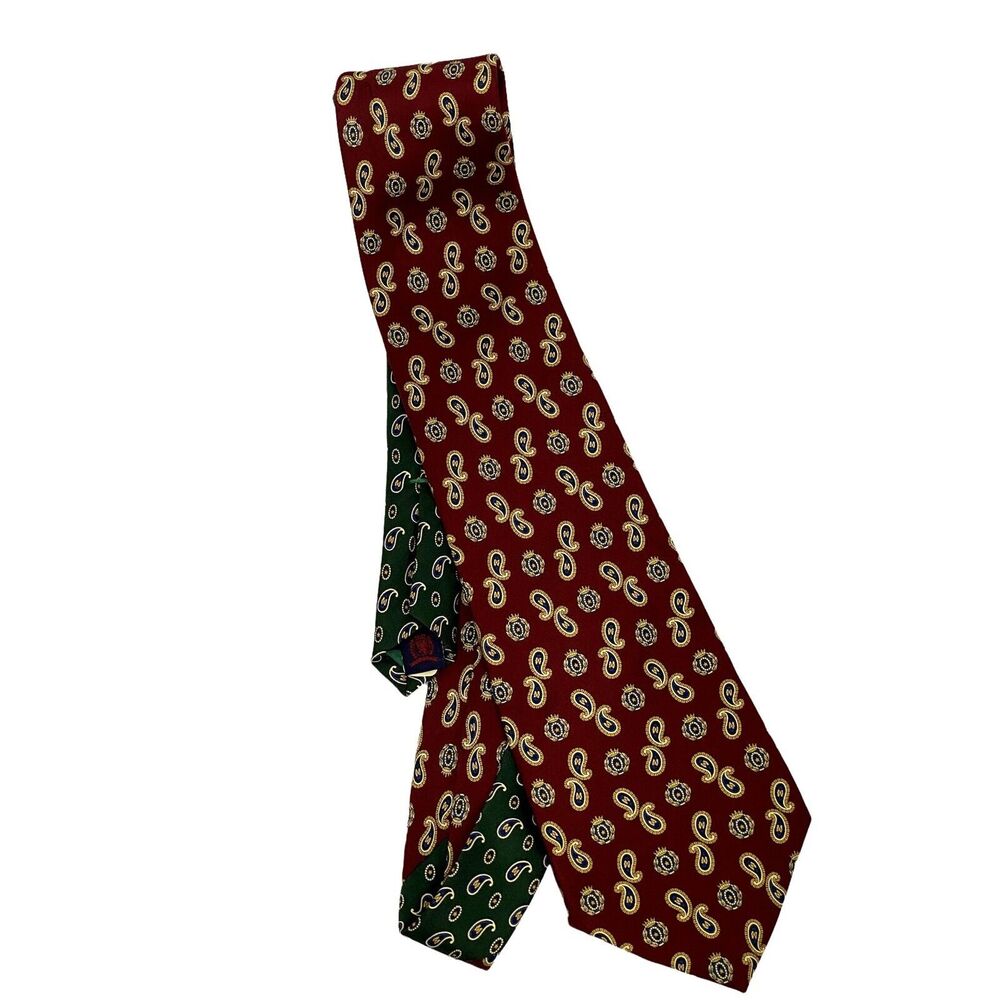 Tommy Hilfiger Necktie 100% Silk Paisley Crest Print Burgundy Green Vintage 60"